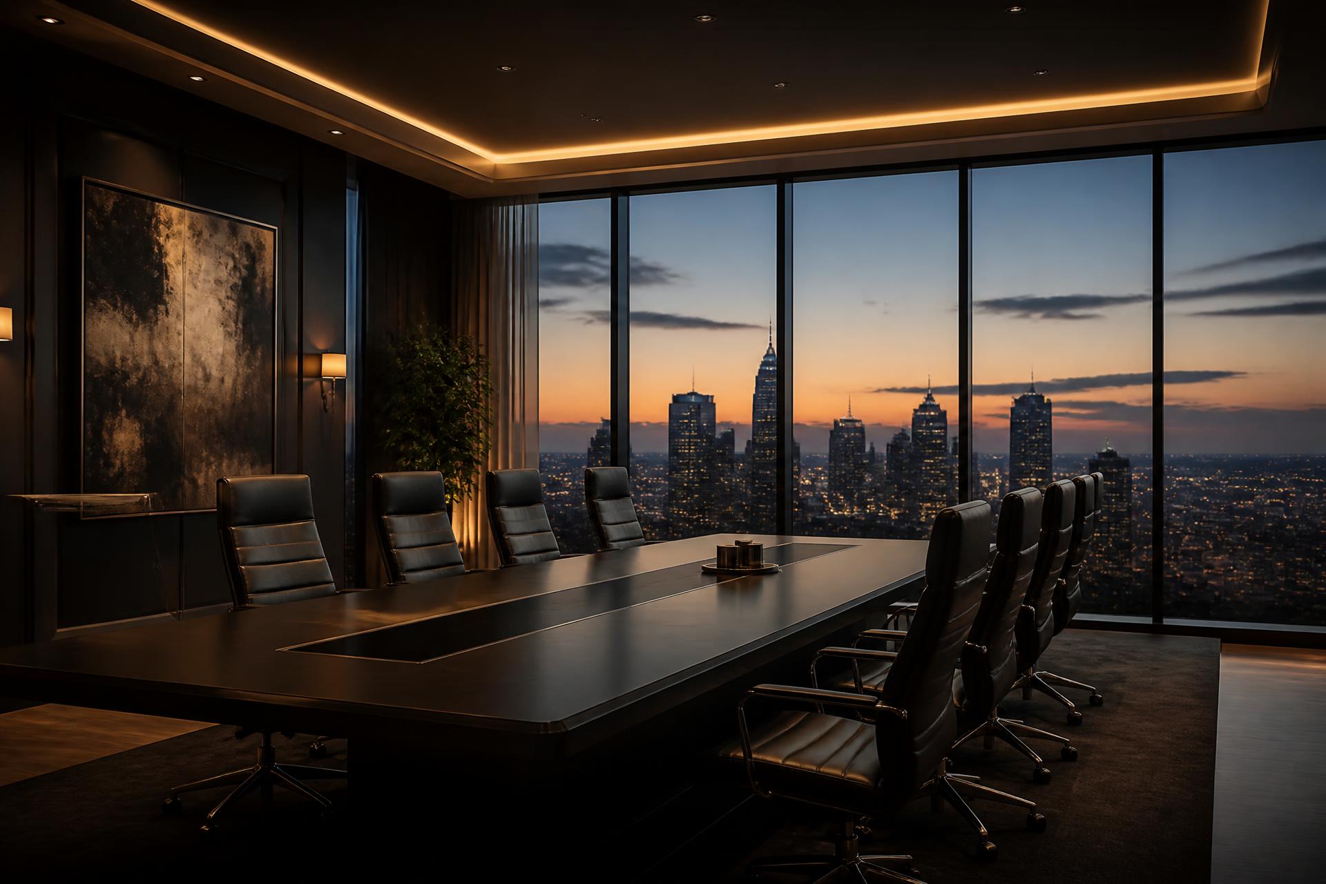 Executive boardroom at dusk overlooking a city skyline